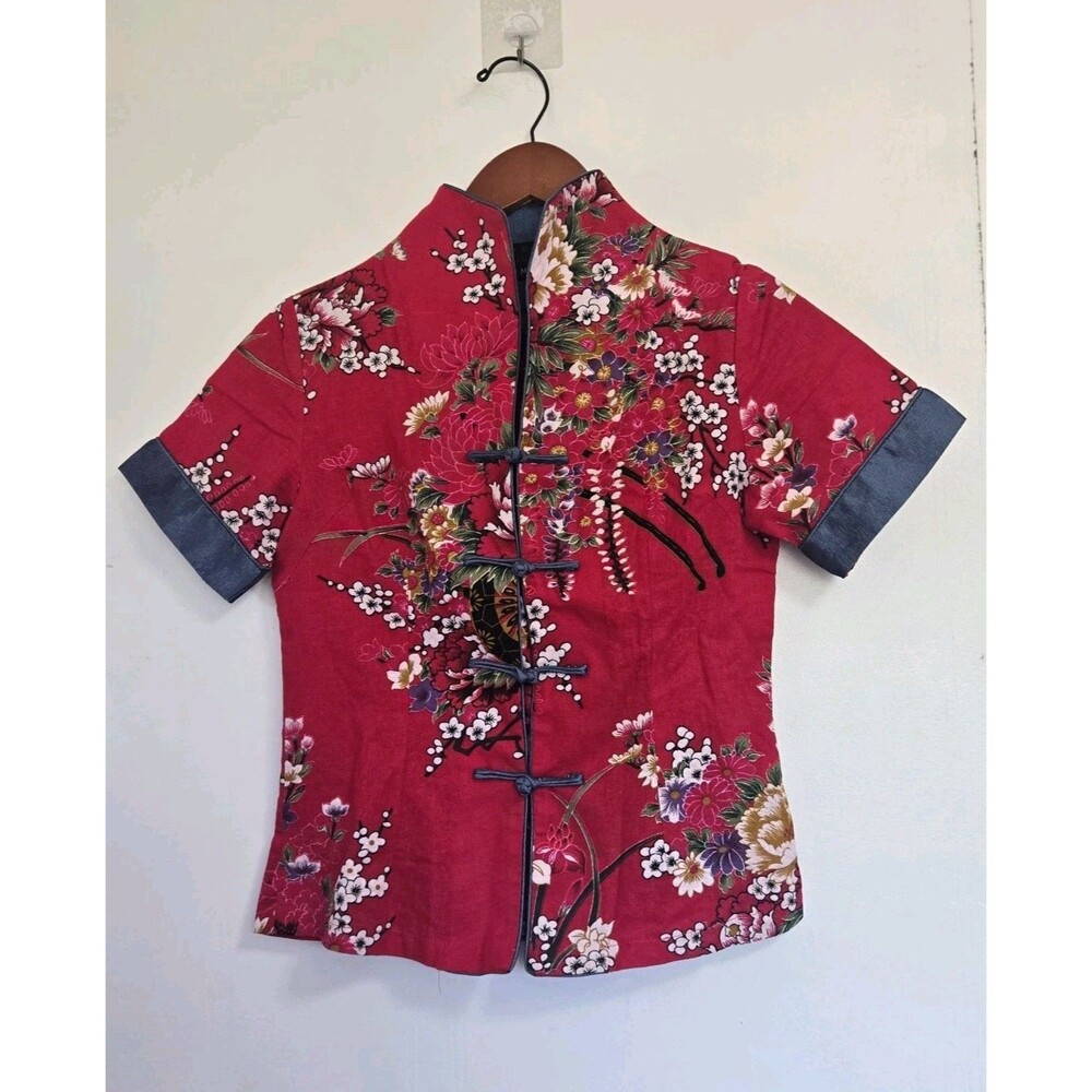 Miniye Blouse Womens M Asian Kimono Top Red 100% Linen Festival Boho Artsy